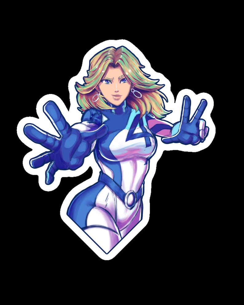 May include: A woman in a blue and white superhero costume with the number "4" on her chest. She has long blonde hair and is wearing earrings. She is posing with her arms outstretched, as if she is about to fly.