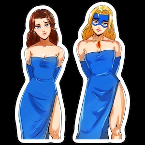 May include: Two illustrations of women in blue strapless gowns with thigh-high slits. One has brown hair and the other has blonde hair and a blue mask. Both are wearing matching blue gloves and a red pendant.
