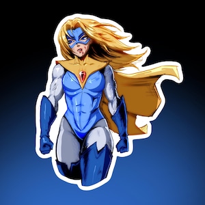 May include: A sticker featuring a female superhero in a dynamic pose. She wears a blue and white bodysuit, a gold cape, and a mask. Her blonde hair flows behind her, and a red gem adorns her chest. The background is a gradient of blue and black.
