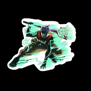 May include: A dynamic illustration of a character in a combat stance, wielding a sword and a circular weapon. The figure is clad in black with a red scarf, highlighted by electric green energy. The artwork has a digital painting style.