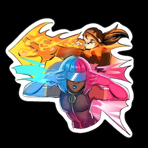 May include: A sticker featuring a comic-style illustration of two figures. One figure has blue and pink hair, a visor, and blue gloves, with blue and pink energy emanating from their hands. The other figure is in the background with orange energy.