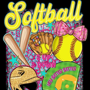 以下が含まれることがあります： 「Softball」の文字が黄色で描かれたソフトボールをテーマにしたグラフィック。ピンクのリボンが付いた黄色のソフトボール、グローブ、ヘルメット、バット、野球場のグラフィックが含まれています。「3 UP 3 DOWN」と「Hey Batter Batter」のテキストも含まれています。
