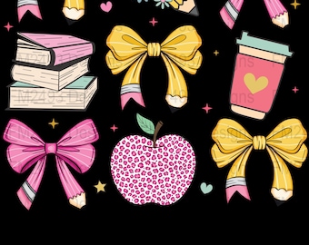 Back To School Clipart, Teacher Digital Stickers, Pencil Bow PNG, Apple Leopard Print, Coffee Cup, Books Illustration, Digital Download
