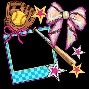 May include: A blue and yellow photo frame with a baseball glove, bat, and softball. There are pink and yellow stars and a pink bow with a rainbow pattern.