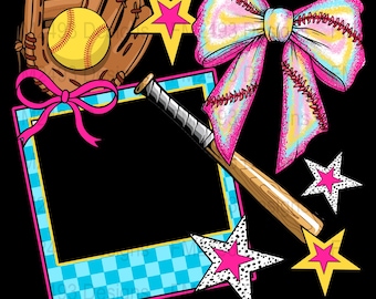 Softball Frame Digital, Softball Clipart, Glove Bat Bow, Softball Mom, Sports Photo Frame, PNG Digital Download, Softball Design