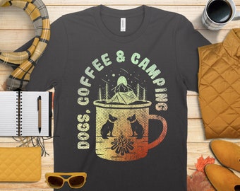 Dogs Coffee And Camping Glamping Shirt, Camping Shirt, RV life Shirt, Mountain tshirts for men and women