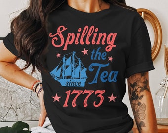 Spilling the Tea Since 1773 Vintage Patriotic T-Shirt, Funny American History Shirt, Colonial Ship Graphic Tee, Retro Style Shirt