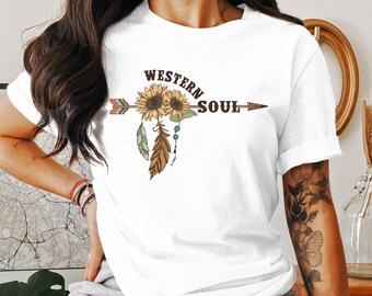 Boho Western Soul T-Shirt, Sunflower Arrow Feather Design, Trendy Western Apparel, Cowgirl Casual Tee, Vintage Western Graphic Shirt