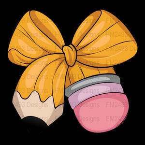 May include: A yellow pencil with a pink eraser and a yellow bow tied around the top. The pencil is sharpened and the eraser is slightly worn.