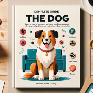 Può includere: Una copertina di libro intitolata "COMPLETE GUIDE THE DOG" presenta un cane dei cartoni animati con un collare rosso. La copertina include testo sulla cura, l'addestramento e la risoluzione dei problemi comportamentali dei cani. Il cane è seduto davanti a un divano verde acqua.