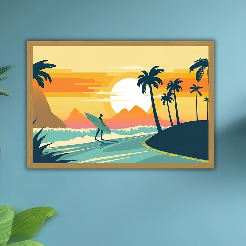 Island Surfer Sunset, Surf Poster, Surfboard Wall Art, Vintage Surf
