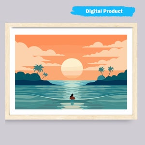 Surfer girl zonsondergang, Surf poster, Oceaan kunst aan de muur, minimale kunst aan de muur, surf kunst aan de muur, oceaan poster, retro poster, zonsondergang kunst aan de muur
