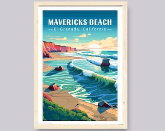 Mavericks Beach, Surf poster, retro beach poster, vintage surf poster, beach art, surf decor, beach print, travel decor, surfing decor