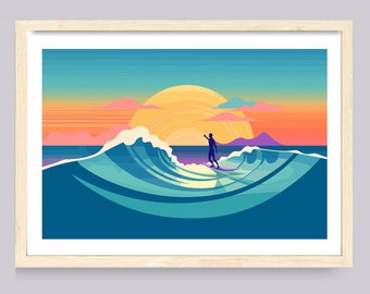 May include: A colorful illustration of a surfer riding a wave at sunset. The sky is a gradient of orange, pink, and blue, and the sun is setting behind the surfer. The wave is a vibrant blue and green, and the surfer is silhouetted against the sunset.