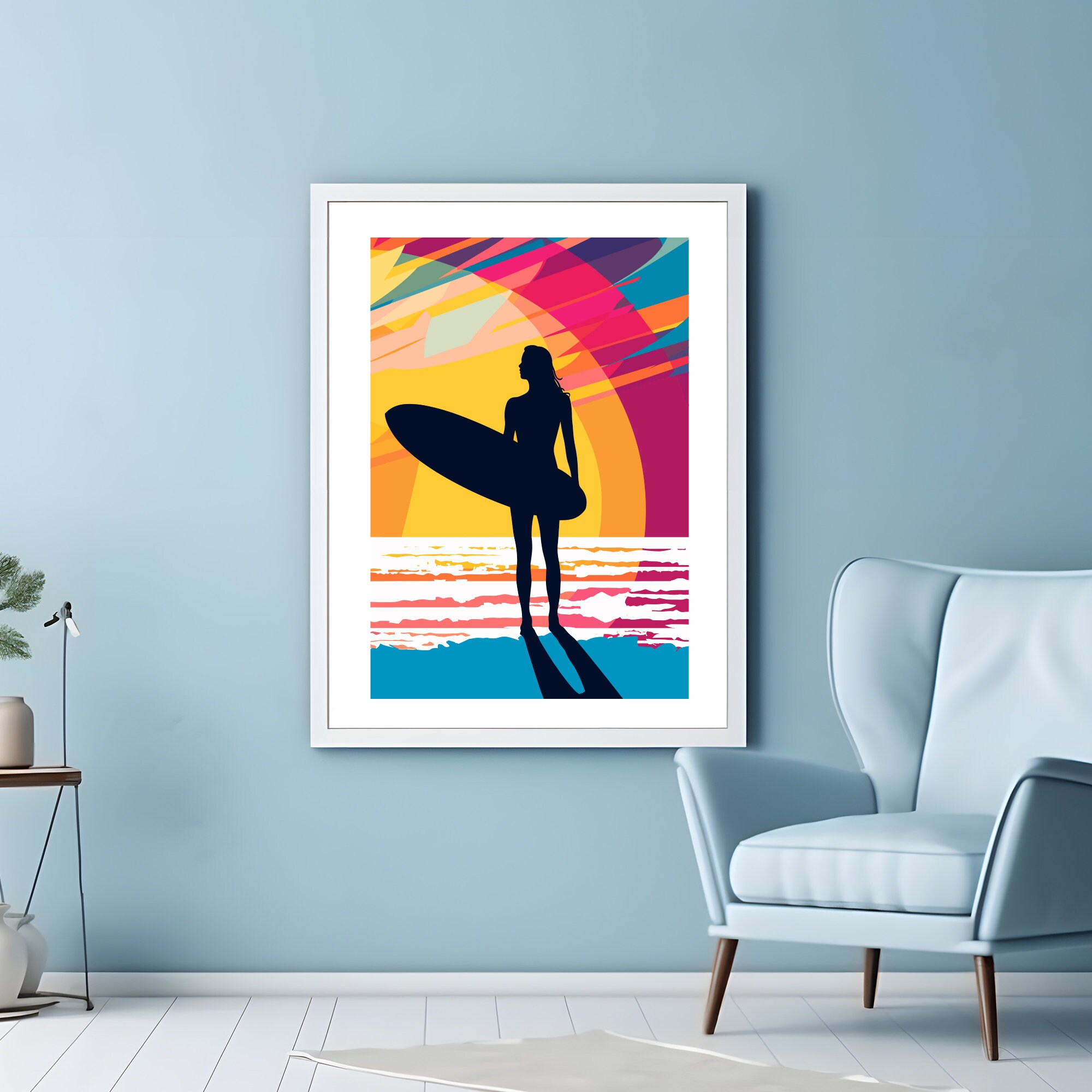 Surfer Girl Silhouette Pop Art, Surf Artwork, Retro Surf