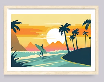Island surfer sunset, Surf poster, surfboard wall art, vintage surf poster, retro surf poster, surf prints, surf art, surf wall art