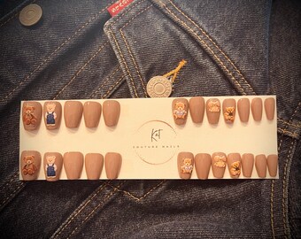 24 Teddy Bear Press-on Nails | Coffin | Taupe