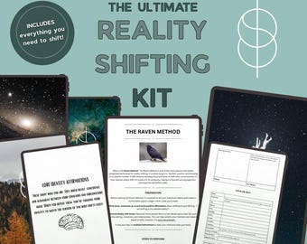 May include: A teal-colored graphic with the text "THE ULTIMATE REALITY SHIFTING KIT." The image includes digital tablets displaying text and images, including "THE RAVEN METHOD" and "CORE IDENTITY AFFIRMATIONS." A circular graphic states "INCLUDES everything you need to shift!"