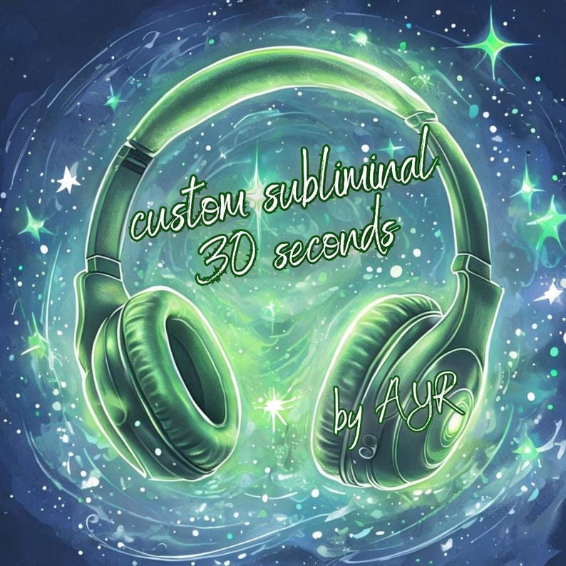 May include: Green headphones with a glowing effect and the text "custom subliminal 30 seconds by AYR" on a blue and green background with stars.