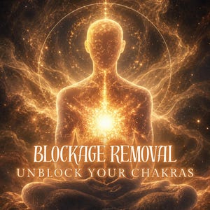 May include: A glowing golden silhouette of a person sitting in a meditative pose with a bright light at the center of the chest. The text reads BLOCKAGE REMOVAL and UNBLOCK YOUR CHAKRAS against a swirling, nebula-like background.