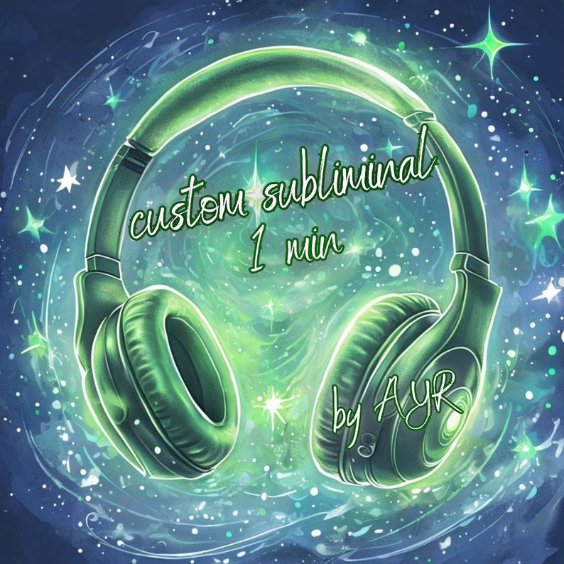 Peut inclure: Casque d'&eacute;coute vert avec un effet lumineux et des &eacute;toiles en arri&egrave;re-plan. Le texte "custom subliminal 1 min by AYR" est &eacute;crit sur le casque.