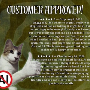 Pu&ograve; includere: Una grafica con il testo CUSTOMER APPROVED! sopra due recensioni a cinque stelle di Glup e Charlie. Un gatto marrone e bianco fa un pollice in su accanto a un cerchio rosso con una linea sulle lettere AI, su uno sfondo verde a vortice.
