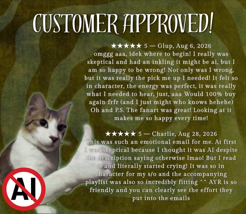 Pu&ograve; includere: Una grafica con il testo CUSTOMER APPROVED! sopra due recensioni a cinque stelle di Glup e Charlie. Un gatto marrone e bianco fa un pollice in su accanto a un cerchio rosso con una linea sulle lettere AI, su uno sfondo verde a vortice.