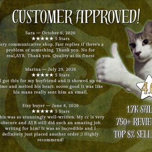 Pu&ograve; includere: Una grafica di recensioni clienti intitolata CUSTOMER APPROVED! con un gatto che fa un pollice in su, una valutazione di 4,6 stelle, 1,7K vendite, 750+ recensioni e lo status di venditore top 8%. Include tre recensioni a cinque stelle.