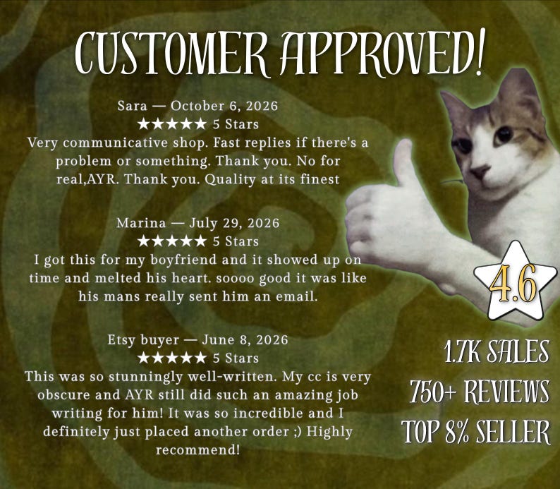 Pu&ograve; includere: Una grafica di recensioni clienti intitolata CUSTOMER APPROVED! con un gatto che fa un pollice in su, una valutazione di 4,6 stelle, 1,7K vendite, 750+ recensioni e lo status di venditore top 8%. Include tre recensioni a cinque stelle.