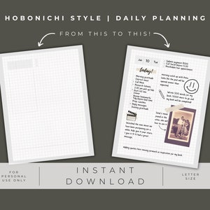 Puede incluir: Una plantilla de planificador diario imprimible en tamaño carta. La plantilla está diseñada para ayudarte a planificar tu día al estilo Hobonichi. La plantilla incluye un área cuadriculada para escribir y una sección para tareas y objetivos diarios. La plantilla se muestra junto a una página de muestra con notas escritas a mano y una foto.