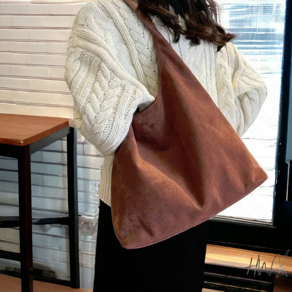 Retro Women Brown Leather Bag, Large Capacity Suede Shoulder Bag, Vintage Leather Handbag, Elegant Leather Shoulder Bag, Crossbody Tote Bag