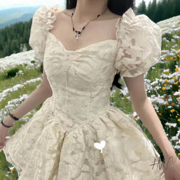 Fête florale d'été des années 80, robe blanche vintage avec coutures d'été, robe de mariée à manches bouffantes, robe de mariée trapèze en dentelle, jupe taille haute,