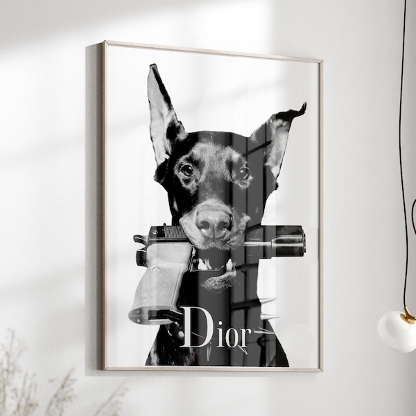 Affiche de pistolet doberman art mural Hypebeast numérique mode luxe affiche téléchargement mode imprimable Doberman minimaliste art mural mode de luxe