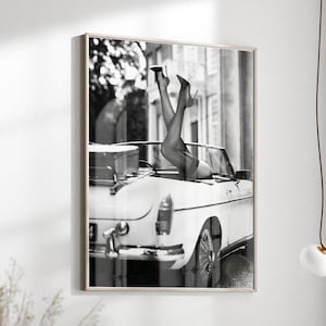 Black and White Fashion Photography High Heels in Classic Car Poster Fashion Wall Art Fashion Print Glam Vintage Wall Art Women in Car Print