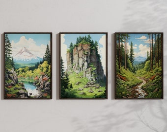 Studio Ghibli Inspiré Forêt Mur Art Studio Ghibli Affiche Studio Ghibli Décor Pacifique Nord-Ouest PNW Vert et Bleu Anime Paysage Affiche