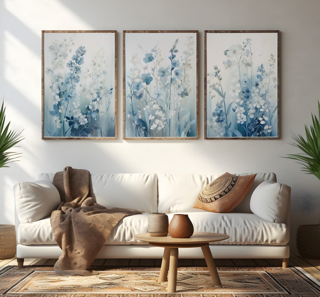 Navy Light Blue Wildflowers Watercolor Set of 3 Floral Botanical Prints ...