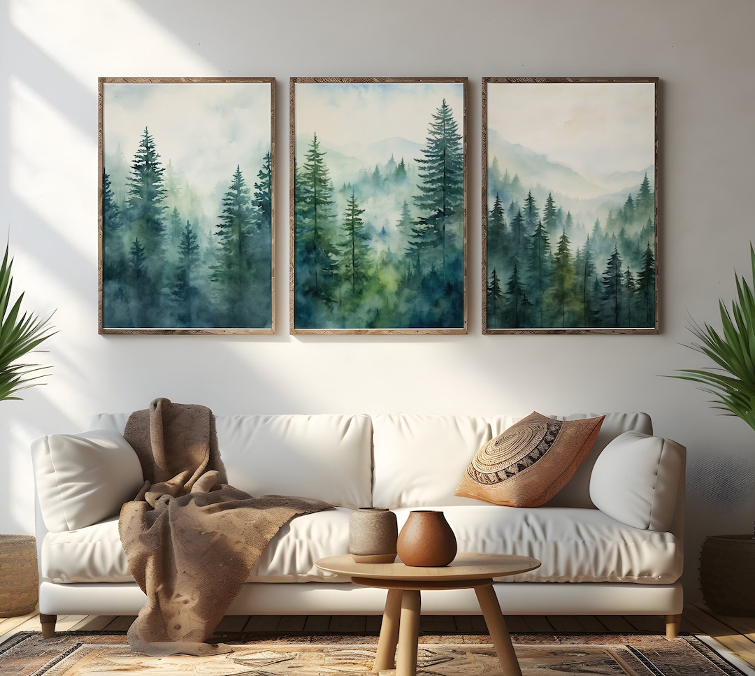 Mountain Print Watercolor Forest Landscape Wall Art Set of 3 Green ...