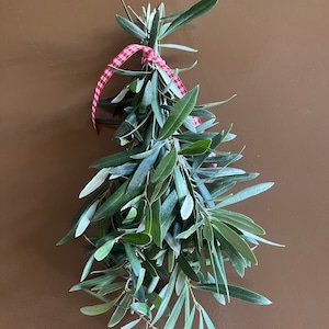 May include: A bunch of olive branches tied together with a red and white checkered ribbon.