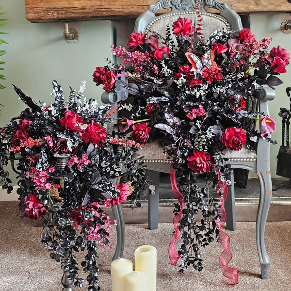 Gothic cascade bouquet  ,Black and red wedding bouquet with boutonniere