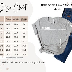 K&ouml;nnte beinhalten: Gr&ouml;&szlig;entabelle f&uuml;r Unisex Bella + Canvas 3001 T-Shirts. Die Tabelle zeigt die Ma&szlig;e f&uuml;r Breite, L&auml;nge und &Auml;rmell&auml;nge in Zoll f&uuml;r die Gr&ouml;&szlig;en XS bis 4XL.