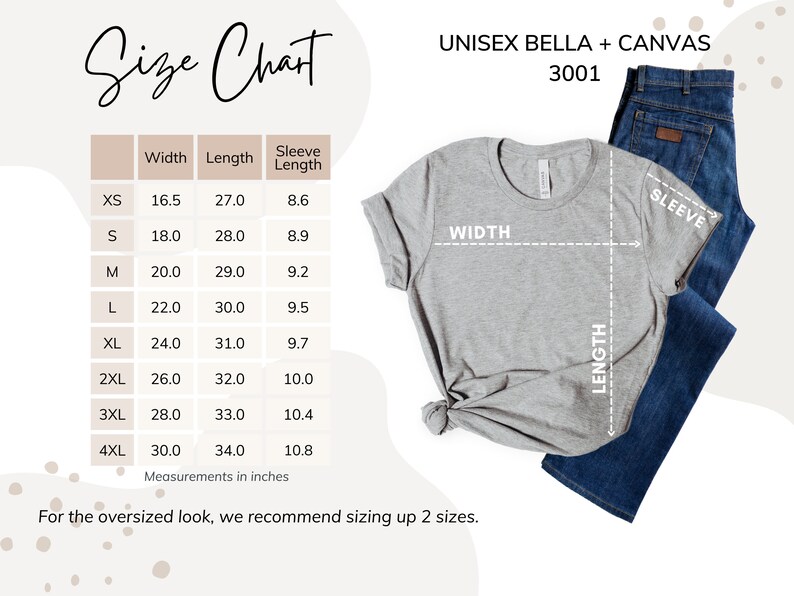 K&ouml;nnte beinhalten: Gr&ouml;&szlig;entabelle f&uuml;r Unisex Bella + Canvas 3001 T-Shirts. Die Tabelle zeigt die Ma&szlig;e f&uuml;r Breite, L&auml;nge und &Auml;rmell&auml;nge in Zoll f&uuml;r die Gr&ouml;&szlig;en XS bis 4XL.
