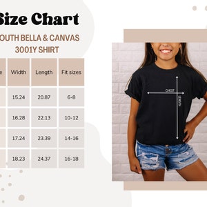 K&ouml;nnte beinhalten: Gr&ouml;&szlig;entabelle f&uuml;r Bella & Canvas 3001Y T-Shirts f&uuml;r Kinder. Die Tabelle zeigt die Breite und L&auml;nge der T-Shirts in Zoll sowie die entsprechenden Gr&ouml;&szlig;en f&uuml;r Kinder. Die Tabelle ist mit den Gr&ouml;&szlig;en S, M, L und XL beschriftet.