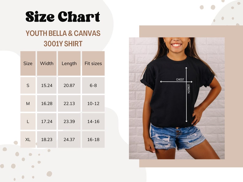 K&ouml;nnte beinhalten: Gr&ouml;&szlig;entabelle f&uuml;r Bella & Canvas 3001Y T-Shirts f&uuml;r Kinder. Die Tabelle zeigt die Breite und L&auml;nge der T-Shirts in Zoll sowie die entsprechenden Gr&ouml;&szlig;en f&uuml;r Kinder. Die Tabelle ist mit den Gr&ouml;&szlig;en S, M, L und XL beschriftet.