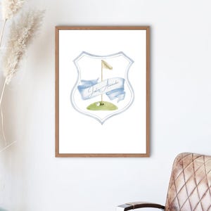Arte personalizzata per la cameretta dei bambini a tema golf / Stampa digitale con stemma del nome del bambino / Decorazioni acquerellate per la cameretta dei bambini a tema golf / Regalo per baby shower a tema golf