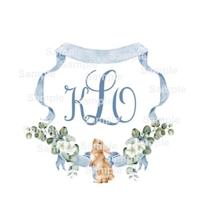 Instant Download Blue Watercolor Floral Bunny Monogram Crest