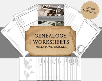 Może przedstawiać: Zestaw drukowanych arkuszy genealogicznych z brązowym tłem imitującym drewno. Arkusze zawierają kartę rodziny, dane spisu ludności, mapę świata i śledzenie kamieni milowych. Tekst "GENEALOGY WORKSHEETS MILESTONE TRACKER" jest wydrukowany czarnym kolorem na brązowym tle.