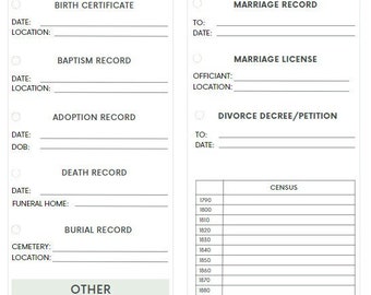 Digital or Printable Instant Download Genealogy, Ancestry Research Tracker Worksheet Checklist
