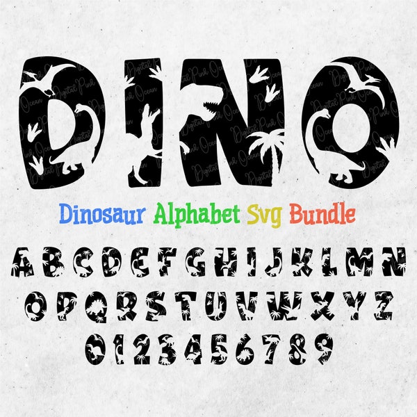 Dinosaurier Alphabet SVG-Bundle, Dinosaurier Zahlen svg, Dinosaurier Buchstaben, Trex svg, Geburtstagskind svg, Dinosaurier-Schrift SVG, Dinosaurier svg