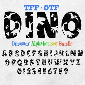 Pacote SVG do alfabeto de dinossauro, fonte Dinosaur Tff, fonte Dinosaur Otf, números de dinossauro svg, letras de dinossauro, Trex svg, fonte de dinossauro svg