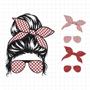チェック柄のメッシー バン SVG、ママライフ SVG、メッシー バン SVG、ママライフ レース SVG、メッシー バン ヘア SVG、ヘッドバンド ママライフ SVG、チェック柄のママライフ SVG